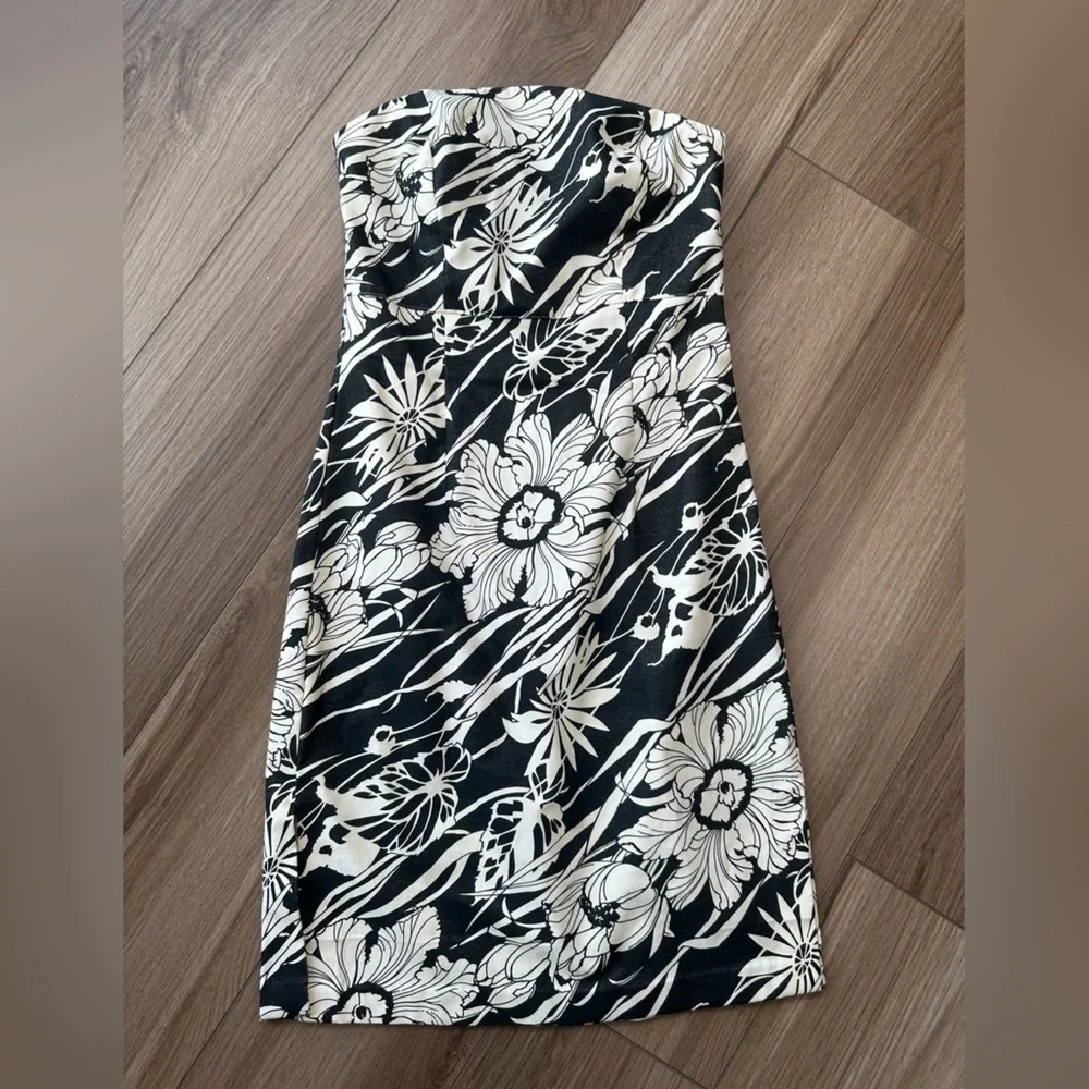Y2K Vintage Express Black White Hawaiian Tropical Tube Strapless Dress - Picture 2 of 13